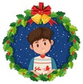 Christmas wreath border with a young man