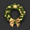 Christmas wreath with bow and gold bitcoins.
