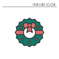 Christmas wreath with bow thin line icon. New Year celebration outline decorated pictogram. Xmas winter element. Vector Royalty Free Stock Photo