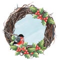 Christmas wreath of branches with bullfinch and mistletoe. Watercolor illustration. Isolated on white