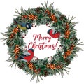 Christmas wreath of branches of a Christmas tree, cones, sea buckthorn, bullfinch birds and titmouse with the inscription Merry