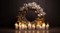 Christmas wreath with burning candles in dark room. Wooden background. Beautiful Christmas decoration. Space for text Royalty Free Stock Photo