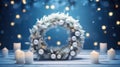 Christmas wreath with candles and bokeh lights on blue background Royalty Free Stock Photo