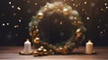 Christmas wreath with candles on a wooden table. Bokeh background Royalty Free Stock Photo