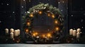 Christmas wreath with candles on a wooden table. Bokeh background Royalty Free Stock Photo