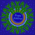 Christmas wreath and colorful rosette of blue and golden shades on dark blue background