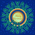 Christmas wreath and colorful rosette of blue, orange and golden shades on dark blue background