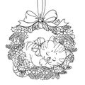 Christmas wreath. Coloring page. Doodle pattern with cute sleeping kitten and a bow