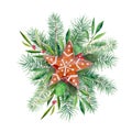 Christmas wreath with cookie, firtree and olive branch. Watercolor handdrawn illustration isolated on white