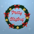 Christmas wreath with cristmas balls and bows on blue background. Christmas decoration. Vector. Royalty Free Stock Photo