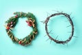 Christmas wreath and crown of thorns on blue background. Remember the real Reason of the Season. Christian Christmas and Royalty Free Stock Photo