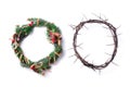 Christmas wreath and crown of thorns on white background. Remember the real Reason of the Season. Christian Christmas Royalty Free Stock Photo