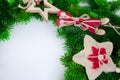The Christmas wreath is decorated with New Year`s toys, stars, skis Royalty Free Stock Photo