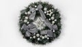 Christmas wreath decorating the front door for the holidays made of spruce, silver bows, stars and Christmas balls Royalty Free Stock Photo