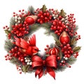 Red and green Christmas wreath decoration isolated on white background, AI Generated Royalty Free Stock Photo