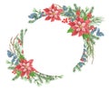 Christmas wreath with decorative poinsettia, greenery, spruce, pine tree twig and holly berries. New Year design wreath. Round Royalty Free Stock Photo