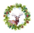 Christmas wreath with deer animal, snowflakes. Watercolor - spruce tree branches, holly, cones