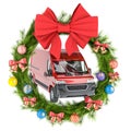 Christmas wreath with delivery van inside, 3D rendering Royalty Free Stock Photo