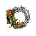 Christmas wreath on the door with fir branches, leaves, cones and berries, illustrations, wreaths, frames, happy new year, christm Royalty Free Stock Photo