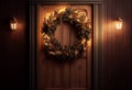 Christmas wreath on door illuminated by garlands. AI Generated