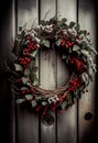 Christmas wreath on door illuminated by garlands. AI Generated