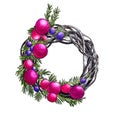 Christmas wreath on the door in vintage style with pink and purple balls illustration, wreaths, frames, happy new year, christmas Royalty Free Stock Photo