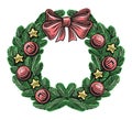 Christmas Wreath with fir branches, balls and bow isolated. Holiday symbol vector illustration