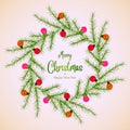 Christmas wreath with fir branches and Christmas lights. Merry Christmas and Happy New Year vintage seamless wreath, greeting card Royalty Free Stock Photo