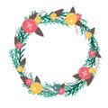 Christmas Wreath With Fir Branches, Cones And Christmas Toys. For Xmas And Happy New Year Postcard. Vector Illustration.