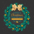 Christmas wreath of fir branches decorated with gold balls, bow on black background. Xmas and New Year greeting illustration. Royalty Free Stock Photo