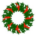 Christmas wreath of fir branches, decorated with red ribbons with bows and stars, postcard, banner, poster