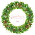 Christmas wreath of fir branches, mistletoe, cones, acorns, green holly leaves and red berries. New Year`s decor. EPS10