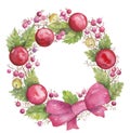 Christmas wreath of fir branches, red balls, berries and bow, watercolor illustration Royalty Free Stock Photo