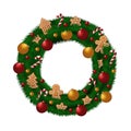 Christmas wreath with fir brunches, christmas decorations and gingerbread cookies. Isolated on white background Royalty Free Stock Photo