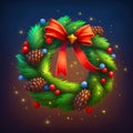 Christmas wreath of fir tree branches decorated with yellow bow and red baubles on blue background. Digital illustration Royalty Free Stock Photo