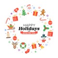 Christmas wreath of flat seasonal pictograms with Happy Holidays inscription