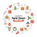 Christmas wreath of flat seasonal pictograms with New Year inscription