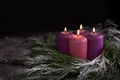 Christmas wreath with four burning purple advent candles Royalty Free Stock Photo