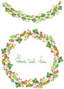 Christmas wreath (frame) and garland of watercolor branches with the red berries and green leaves Royalty Free Stock Photo