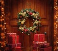 Christmas wreath and gifts. Magic on Christmas night