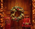 Christmas wreath and gifts. Magic on Christmas night