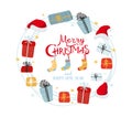 Christmas Wreath Of Gifts, Santa Hats And Socks. Postcard With The Wish Of A Merry Christmas. Blank For A Greeting Card