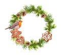 Christmas wreath with ginger cookies and robin bird. Xmas watercolor - spruce tree branches, cones.