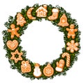 Christmas wreath with gingerbread cookies. Round frame with empty space for text. Cartoon hand drawn vector illustration Royalty Free Stock Photo