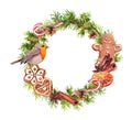 Christmas wreath with gingerbread man, cinnamon, candy cane, orange, robin bird. New year watercolor - christmas tree