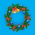 Christmas wreath glass balls bells forest cones bows pine on isolated background. Vector image