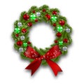 Christmas wreath. Green branch of fir tree with red, silver, green balls and ribbon on a white background. Christmas