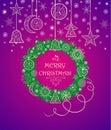 Christmas wreath with green conifer branches and lacy golden decoration on violet background