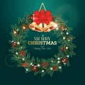 Christmas Wreath with Green Fir Branch, Cones, Golden Bells, Red Bow and Neon Light Garland on Green Background Royalty Free Stock Photo