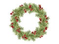 Christmas wreath of green fir branches and red berries. Spruce new year decorative element. Watercolor xmas illustration Royalty Free Stock Photo
